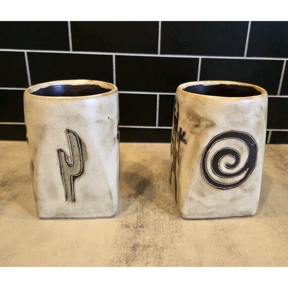 Mara Stoneware Mugs Set of 2 Kokopelli & Warrior Traditional 12 oz. Square Base - Picture 3 of 10